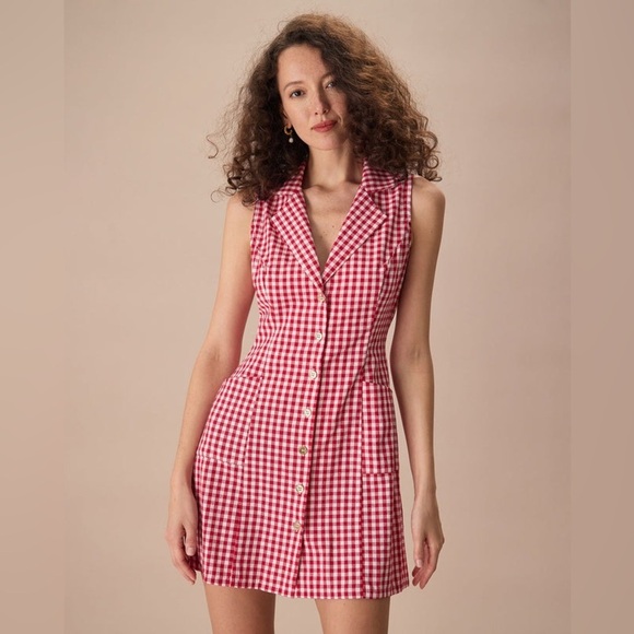 The Lapel Plaid Sleeveless Cotton Pocket Mini Dress - Picture 1 of 8